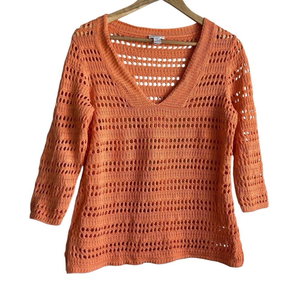 Chicos Womens Boho Cottage Open Knit Crochet Top‎ M Peach Beach Coastal Travel